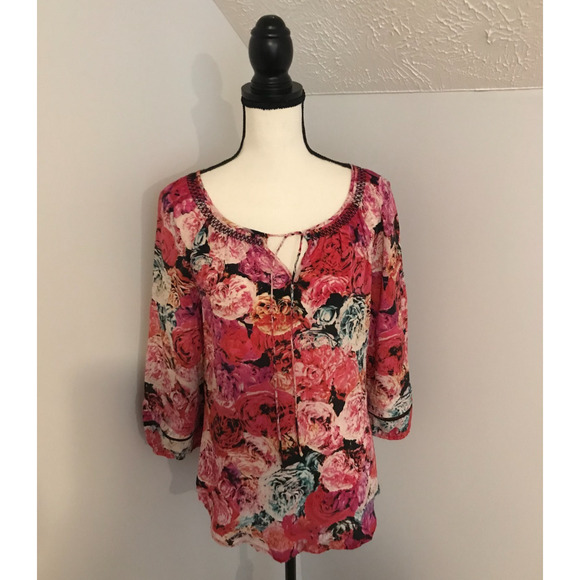 Anthropologie Vanessa Virginia Captured Rose Print Silk Peasant Blouse - Size SM - Picture 2 of 10